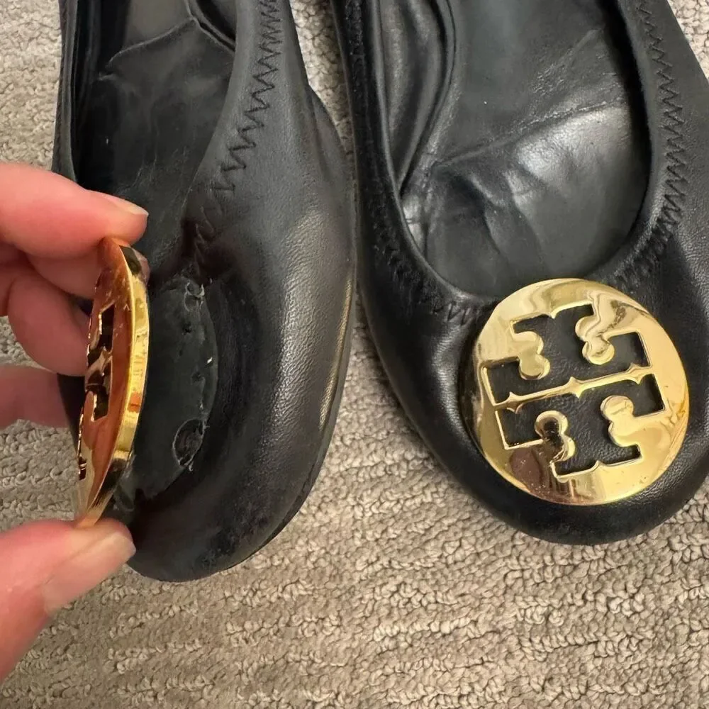 Tory Burch Reva Black Leather Gold Logo USED Ballet Slip On Flats 7.5-8